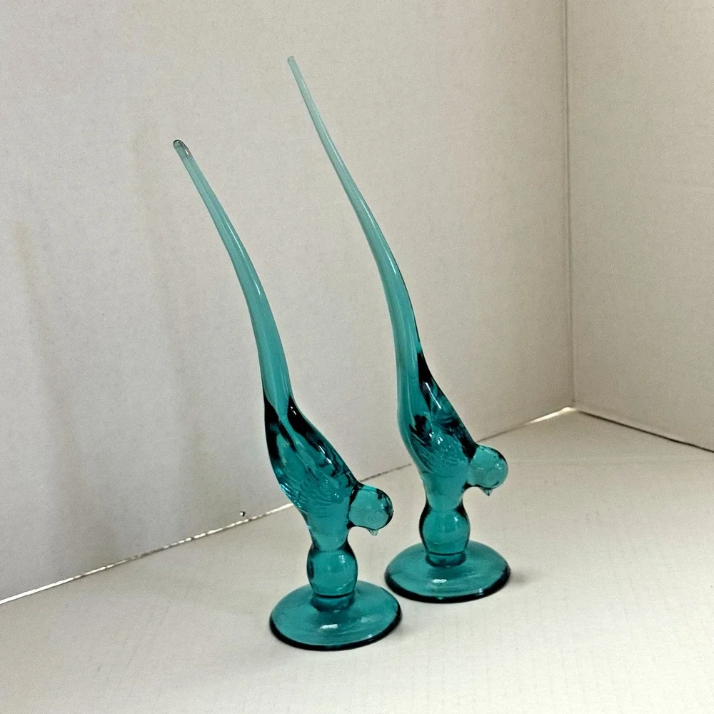 Lot Of 2 Vintage Long Tail Birds Turquoise Glass 9 3/4